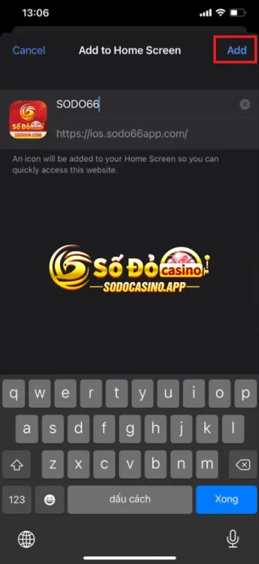 Chọn Add để hoàn tất quá trình cài đặt App Sodo66 cho Iphone